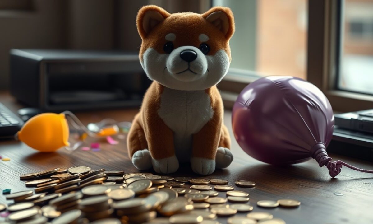 Peluche de shiba inu posée près de pièces dorées et d'un ballon dégonflé, symbole des memecoins