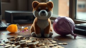 Memecoin : définition, arnaques et pourquoi la plupart s'effondrent 14 Peluche de shiba inu posée près de pièces dorées et d'un ballon dégonflé, symbole des memecoins