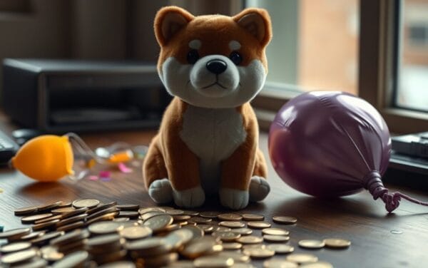 Peluche de shiba inu posée près de pièces dorées et d'un ballon dégonflé, symbole des memecoins