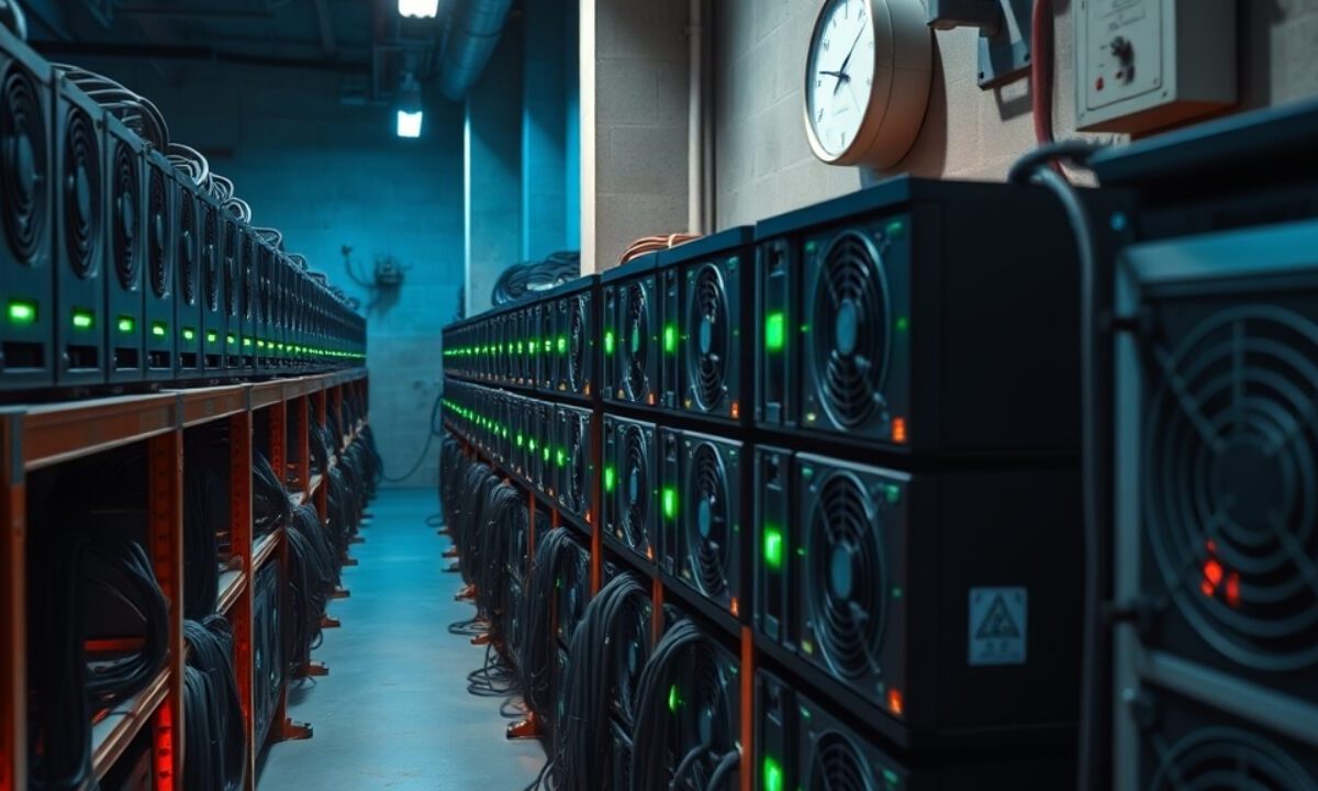 Minage crypto : fonctionnement, coûts réels et pièges du cloud mining 1 Rangées de machines ASIC de minage crypto dans un entrepôt, câbles et voyants allumés, compteur électrique au mur