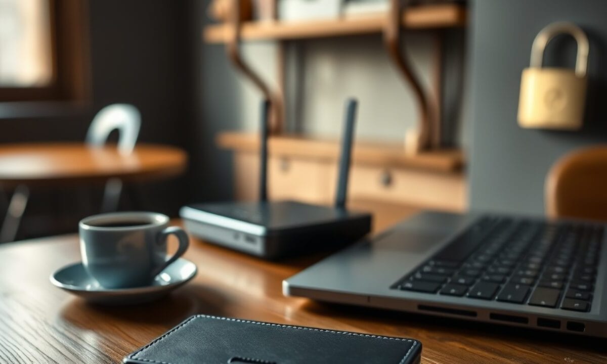 NordVPN avis : ce qu'il protège (et pas) pour vos cryptos 1 Portefeuille matériel crypto et ordinateur portable fermé sur une table de café, près d'un cadenas