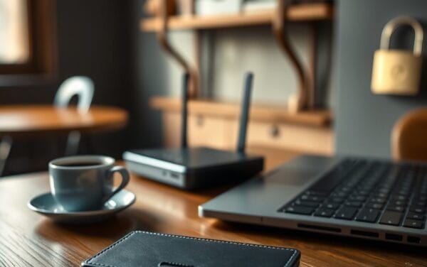 Portefeuille matériel crypto et ordinateur portable fermé sur une table de café, près d'un cadenas