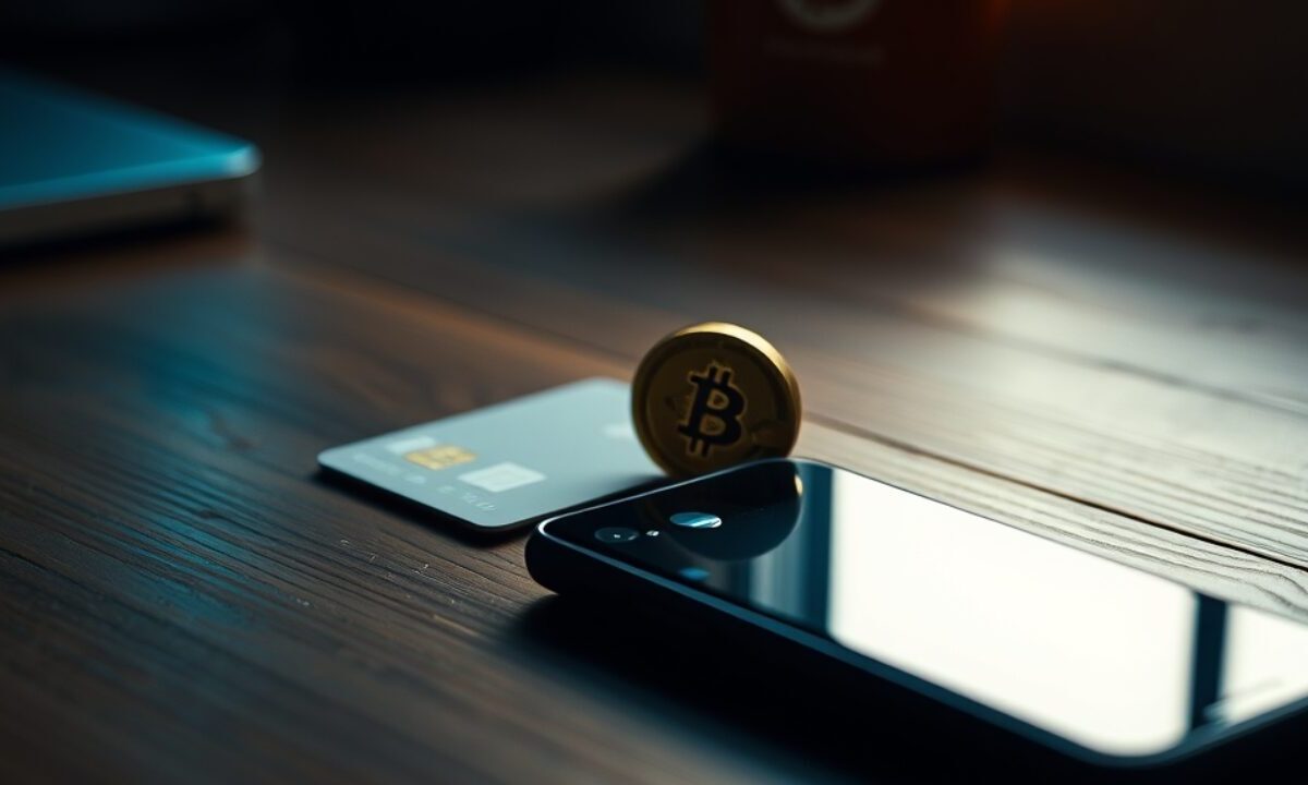 Revolut crypto : frais, retraits et statut MiCA avant d'acheter 1 Carte bancaire en métal, portefeuille crypto matériel et pièce bitcoin posés sur un bureau en bois