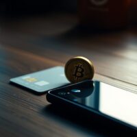 Carte bancaire en métal, portefeuille crypto matériel et pièce bitcoin posés sur un bureau en bois