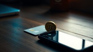 Revolut crypto : frais, retraits et statut MiCA avant d'acheter 2 Carte bancaire en métal, portefeuille crypto matériel et pièce bitcoin posés sur un bureau en bois
