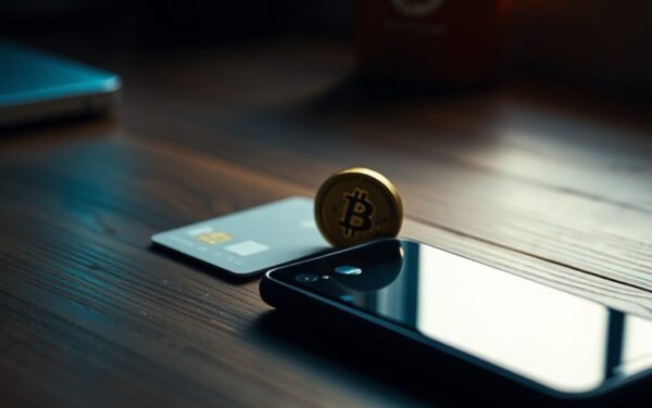 Carte bancaire en métal, portefeuille crypto matériel et pièce bitcoin posés sur un bureau en bois
