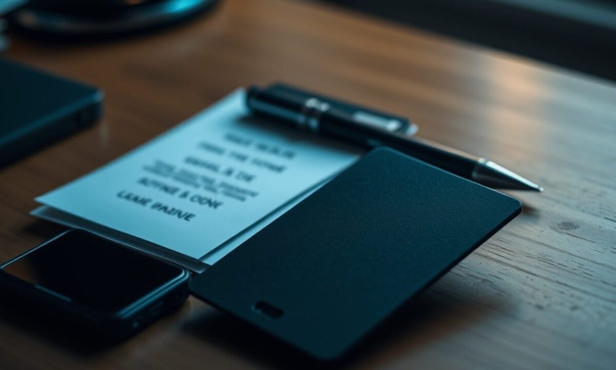 Portefeuille crypto matériel au format carte posé près d'un smartphone et d'une note papier sur un bureau