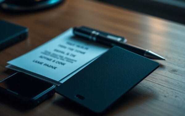 Portefeuille crypto matériel au format carte posé près d'un smartphone et d'une note papier sur un bureau