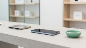 Samsung Wallet et Solana : des stablecoins USDC pour 82 millions de Galaxy américains 19 Smartphone posé face contre un comptoir en béton clair dans une boutique lumineuse aux accents vert émeraude