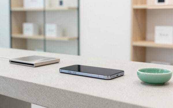Smartphone posé face contre un comptoir en béton clair dans une boutique lumineuse aux accents vert émeraude