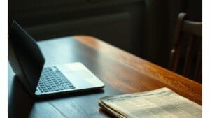 Bureau vide avec ordinateur fermé, feuilles imprimées et pièce dorée, symbole de l'anonymat de Satoshi Nakamoto