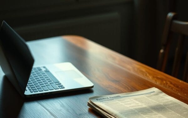 Bureau vide avec ordinateur fermé, feuilles imprimées et pièce dorée, symbole de l'anonymat de Satoshi Nakamoto