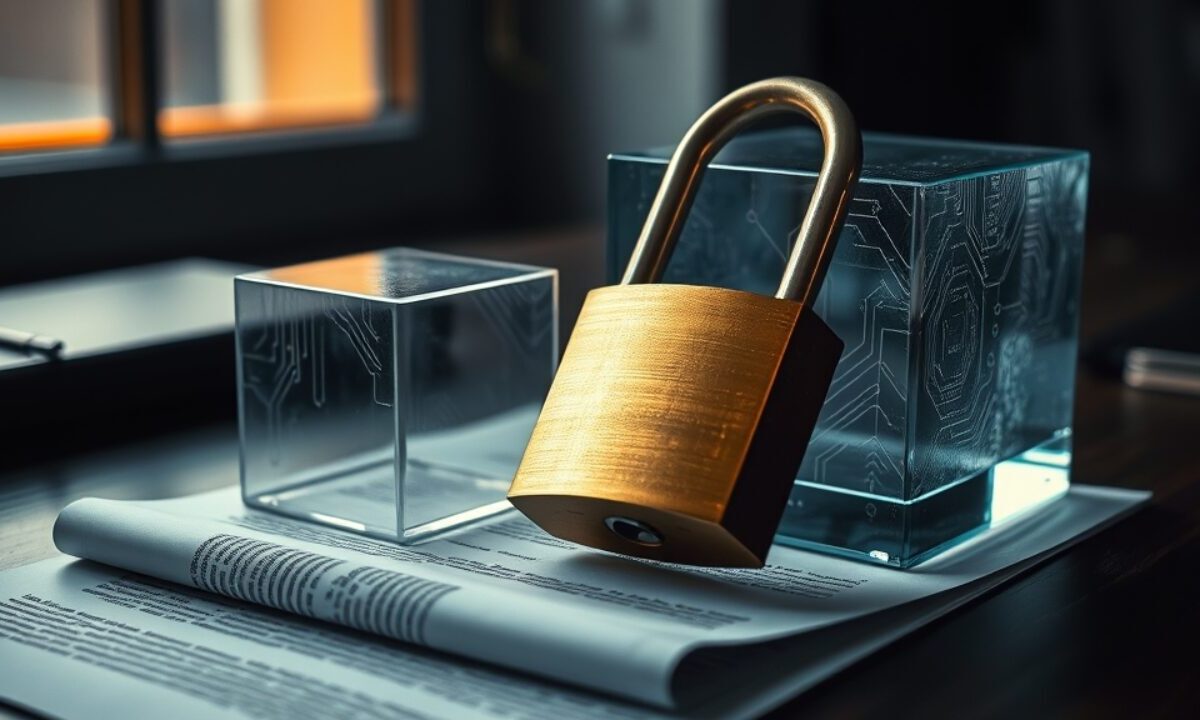 Cadenas en laiton posé sur un contrat papier à côté d'un cube de verre gravé de circuits, image du smart contract