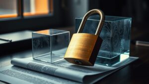 Smart contract : définition simple, exemple concret et vrais risques 1 Cadenas en laiton posé sur un contrat papier à côté d'un cube de verre gravé de circuits, image du smart contract