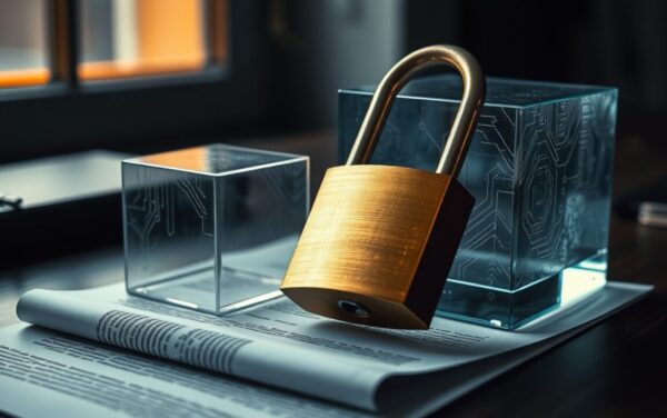 Cadenas en laiton posé sur un contrat papier à côté d'un cube de verre gravé de circuits, image du smart contract