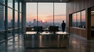 Solana DvP : un standard de règlement atomique pensé pour les banques 12 Salle de marché vide au crépuscule, bureaux en verre et métal, lumière corail sur fond indigo.