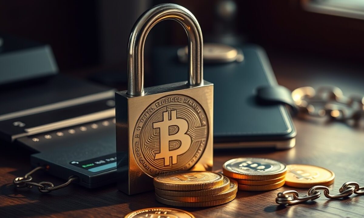 Staking crypto : rendement, risques et impôts avant de vous lancer 1 Cadenas fermé sur des jetons métalliques et portefeuille matériel, symbole du staking crypto