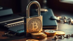Staking crypto : rendement, risques et impôts avant de vous lancer 5 Cadenas fermé sur des jetons métalliques et portefeuille matériel, symbole du staking crypto