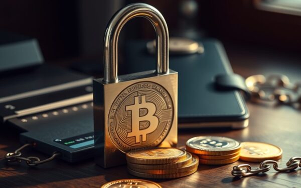 Cadenas fermé sur des jetons métalliques et portefeuille matériel, symbole du staking crypto