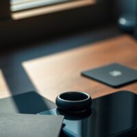 Bague noire en céramique Tangem Ring posée près de deux cartes et d'un smartphone retourné