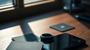 Tangem Ring : avis sur la bague crypto, sécurité et vraies limites 4 Bague noire en céramique Tangem Ring posée près de deux cartes et d'un smartphone retourné