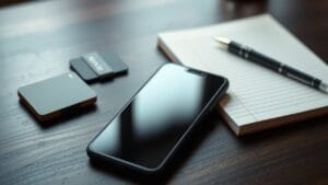 Smartphone posé près d'un portefeuille matériel, d'une carte NFC et d'un carnet fermé sur un bureau en bois