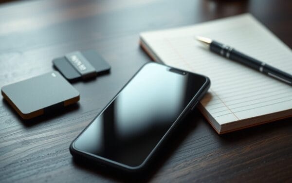 Smartphone posé près d'un portefeuille matériel, d'une carte NFC et d'un carnet fermé sur un bureau en bois