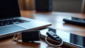 Clé de sécurité USB posée sur un bureau, à côté d'un ordinateur portable fermé et d'un téléphone