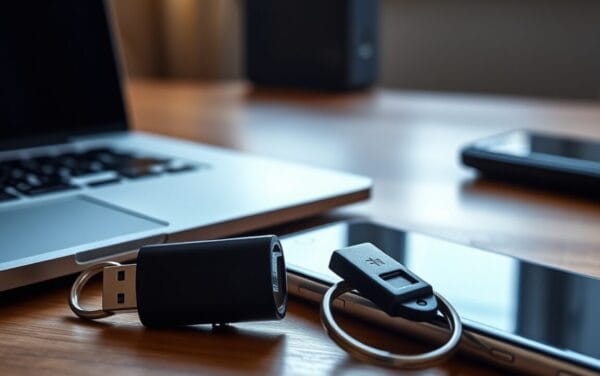 Clé de sécurité USB posée sur un bureau, à côté d'un ordinateur portable fermé et d'un téléphone